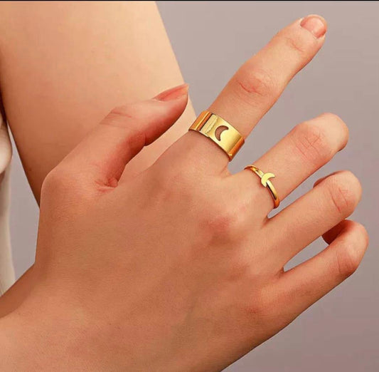 Crescent Moon Adjustable Gold Ring Set