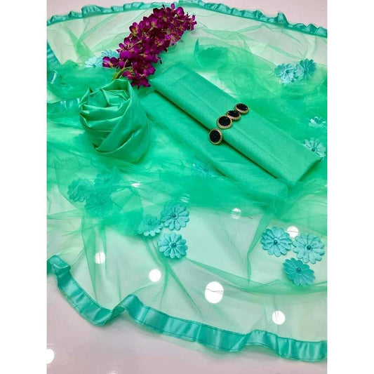 Aqua Green Organza & Silk 3-Piece Unstitched Dress with 3D Floral Dupatta