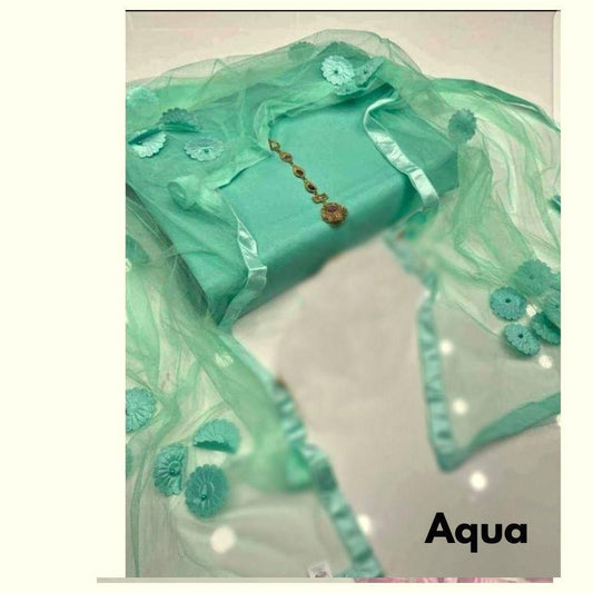 Aqua Green Organza & Silk 3-Piece Unstitched Dress with 3D Floral Dupatta
