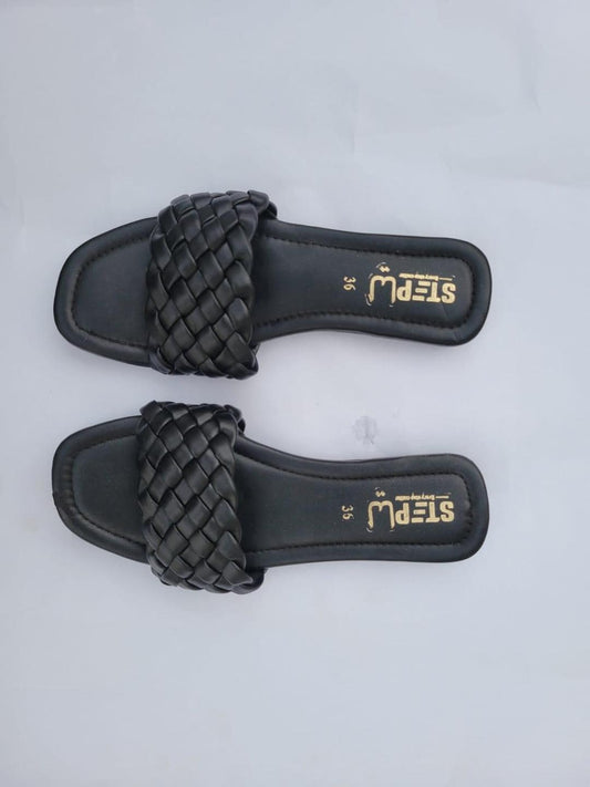 Black Braided Slip-On Flat Sandals-Women's Casual Comfort