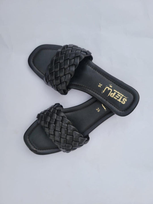 Black Braided Slip-On Flat Sandals-Women's Casual Comfort